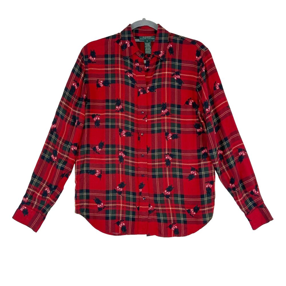 Lauren Ralph Lauren Scottish Terrier Plaid Button‎ Up Shirt Red Dog Print Small